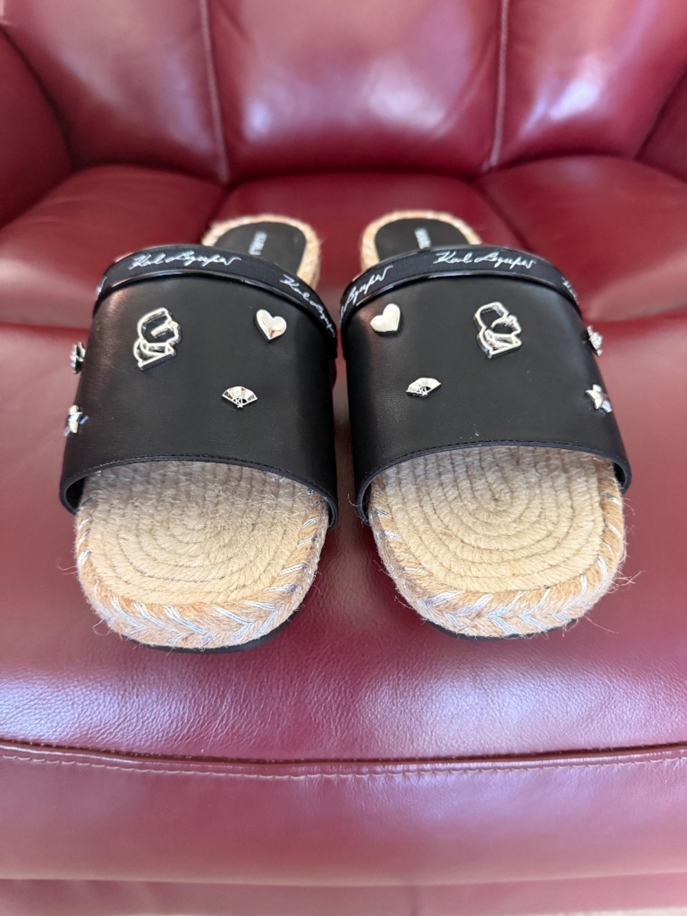 Karl Lagerfeld Black Espadrille Slide Sandals with Silver Charms SZ 10M